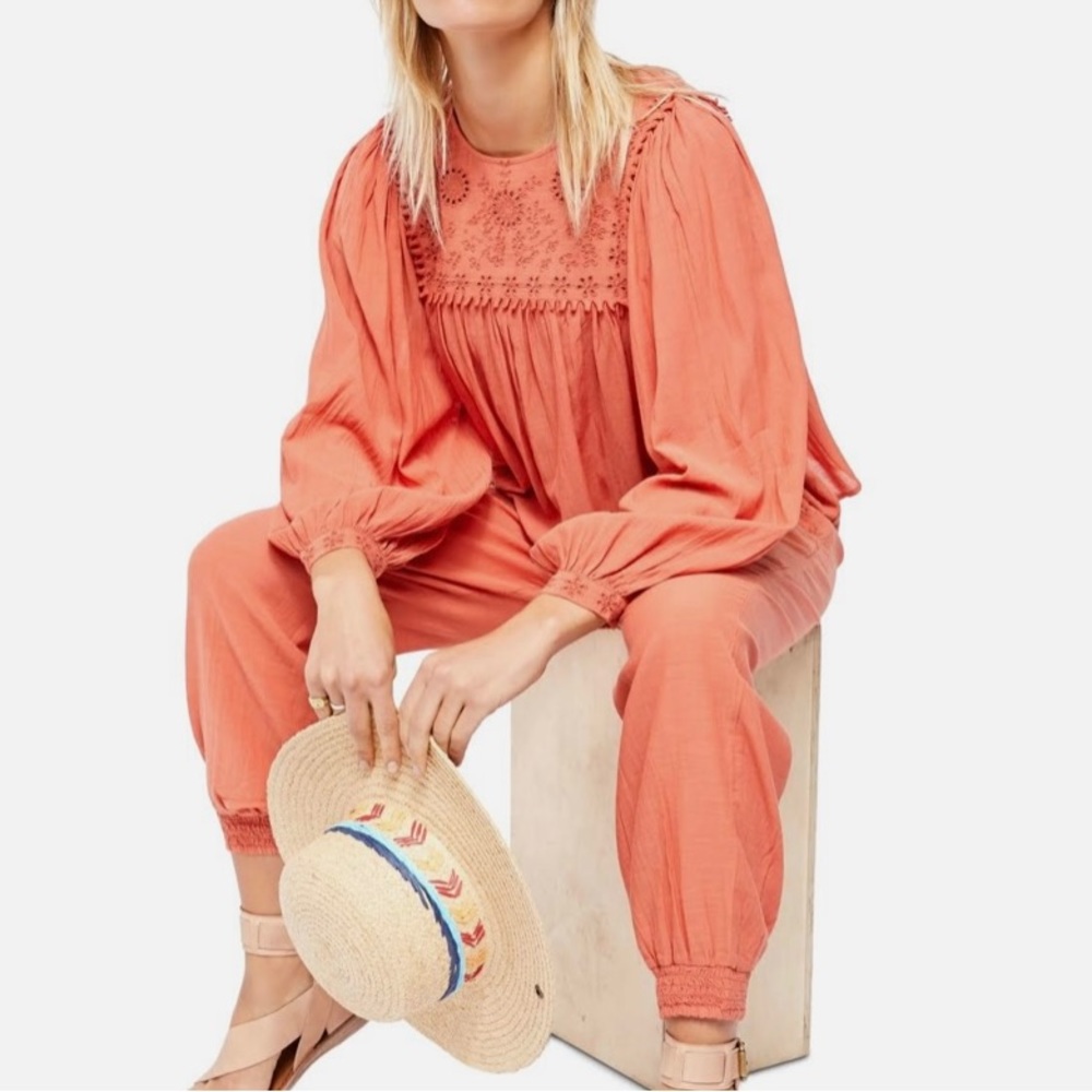 Free People Women’s Valencia Rust Boho Peasant Smock long sleeve Blouse Size M